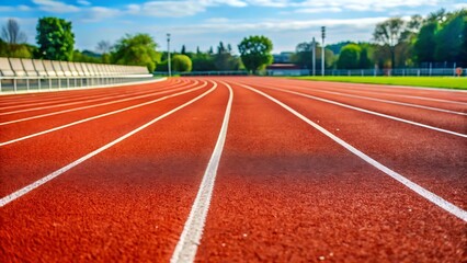 Empty running track with lanes and stadium seating under a blue sky