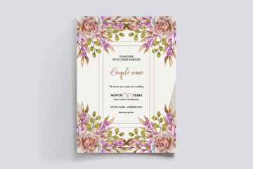 WEDDING INVITATION FRAME WITH FLOWER DECORATIONS AND FRESH LEAVES