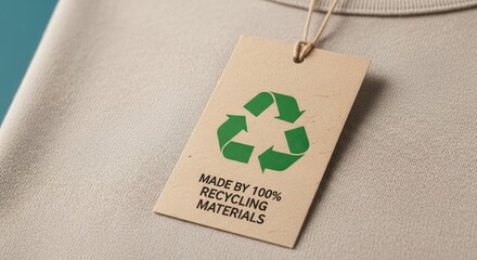 Sustainable fashion focus: Close-up of recycled materials tag showcasing eco-friendly clothing production choices