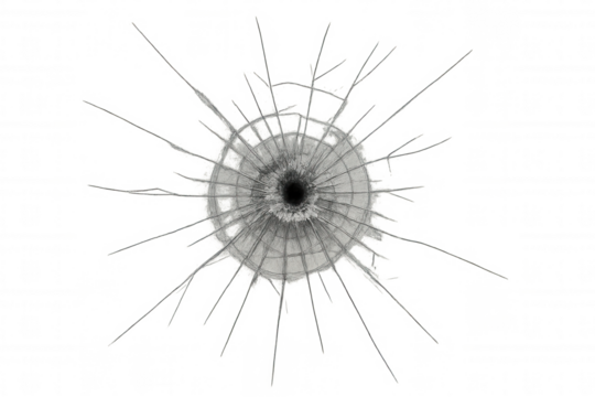 Bullet hole impacting glass creating radial cracks, transparent background indicating damage and destruction - Powered by Adobe
