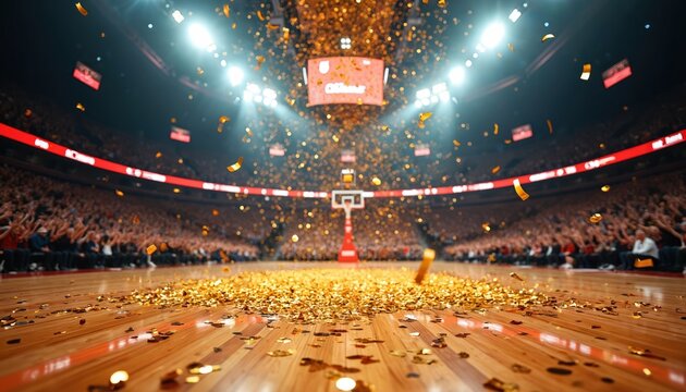 Golden confetti falls on a basketball court. Arena lights shine bright above the wooden floor. Spectators cheer in background after a sports game concludes.