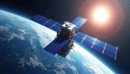 Obraz premium Satellite orbiting Earth with solar panels. Spacecraft captures sunlight. Blue planet horizon view from space. Digital tech illustration on innovation, space exploration, cosmic technology concept.
