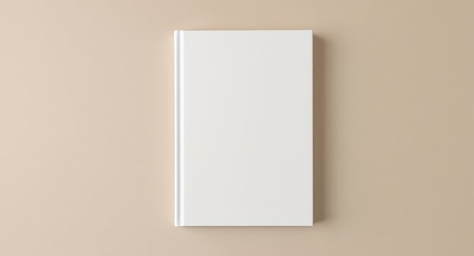 Blank white book cover on a beige background, top view, minimalist design.