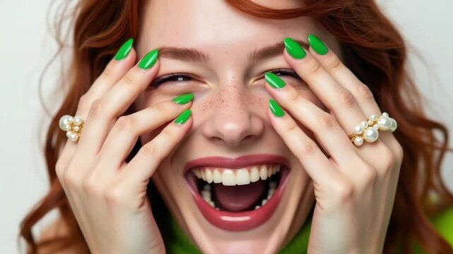 Gleeful woman with vibrant green nails and pearl rings showcasing a contagious laugh