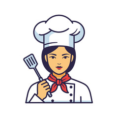 Professional female chef in uniform holding a spatula, ready to prepare delicious culinary creations in the kitchen.
