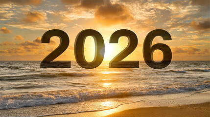 sandy 2026 numbers standing on wet beach sand with glowing sunset and peaceful ocean background symbolizing new year and fresh beginnings