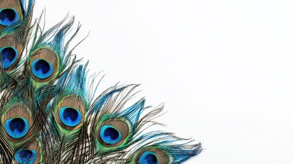 Obraz premium Blue green peacock feathers with eye spots isolated white backdrop, colorful bird plumage pattern for decoration design elegance nature beauty and decorative graphic element photography 