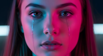 Vibrant sorrow: A close-up portrait of a young woman's emotional expression under neon lights evokes intense feelings