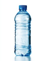 Blue transparent plastic bottle for drinking water on white background, beverage container packaging for hydration healthy lifestyle eco recycling environmental awareness and product design mockup
