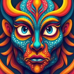 Naklejka premium Colorful abstract face art digital illustration displays vibrant design. Stylized creature mask big blue eyes, intricate patterns, bold hues. Red lips, orange horns, blue dotted skin. Psychedelic