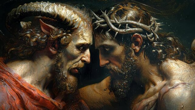 Divine moral struggle: god might, satan defiance, celestial clash, holy trial, eternal opposition, spiritual combat, righteous stand, sacred tension, heavenly fight, faith ordeal, cosmic power,