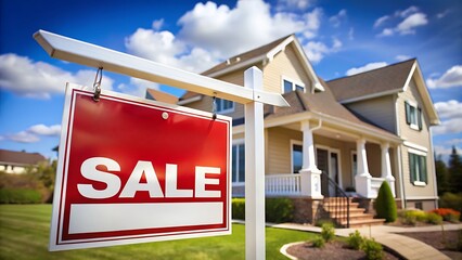 Attractive suburban home with a prominent sale sign in the yard