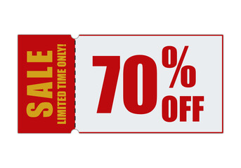 Red and White 70% Off Sale Ticket for Sales, Marketing, and Advertising with Detachable Stub, Tear Line, and Transparent PNG Background
