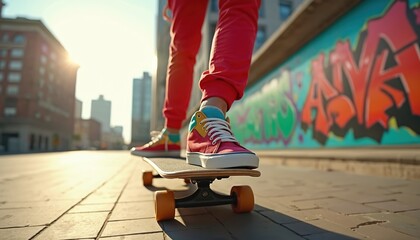 Naklejka premium Young person rides skateboard on city street. Bright colorful sneakers, red pants visible. Graffiti art wall in background. Urban buildings stand under sunny sky. Scene shows youth lifestyle, extreme