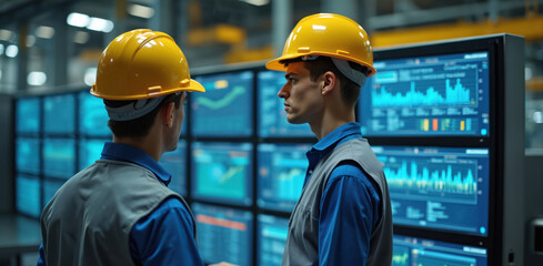 Two engineers monitor data analytics on screens wearing helmets. Workers collaborate examining machine learning data, automation. Industry experts analyze system performance for energy plant control