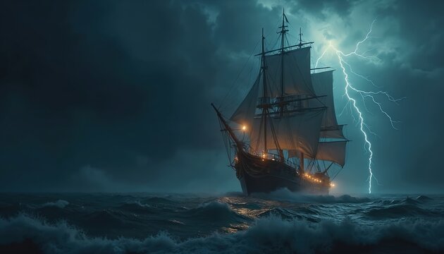 Old sailing ship navigates rough sea during lightning storm. Vessel with lit windows braves tempestuous ocean waves under dark dramatic sky. - Powered by Adobe