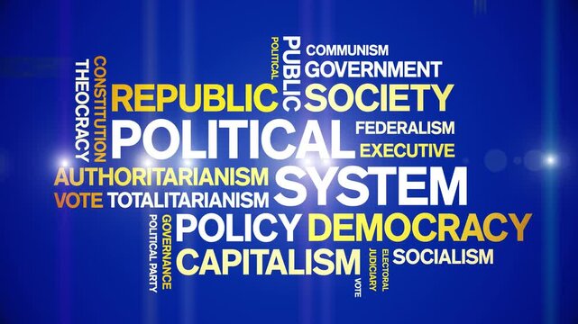 Political System animated word cloud-text design animation tag kinetic typography seamless loop.