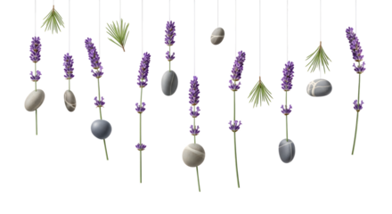 Lavender sprigs pine needles and smooth stones hanging isolated on a transparent background pebble
