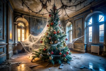 An abandoned, dusty room with a decorated christmas tree covered in cobwebs, illuminated by sunlight streaming through arched windows, creating a spooky and eerie holiday atmosphere