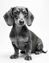 Fototapeta premium Pencil sketch of dachshund dog on white backdrop. Cute puppy portrait, sitting attentive with big eyes. Black and white minimal doggy illustration, domestic animal pet picture. Canine art concept.