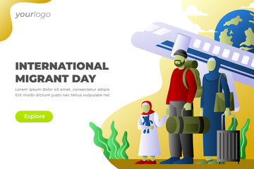 International Migrant Day Illustration with Family Traveling by Train on Yellow Background