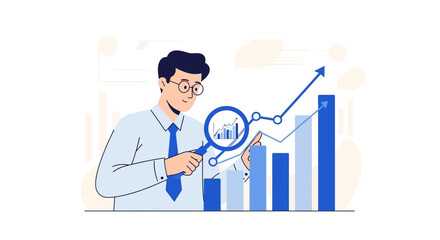 Analyzing Business Performance with Magnifying Glass Showing Positive Growth Statistics
