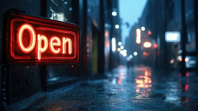 A bright red open sign sits on the side of a building, indicating availability or announcement