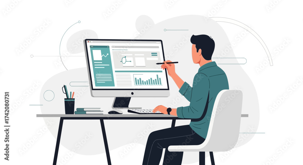 Wall mural analyzing data: efficient workflow illustrating a person working on a computer
