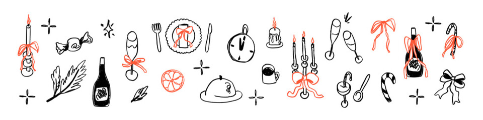 Set of hand drawn Christmas sketches. Decorative doodle elements with chalk, charcoal vintage texture such as bow, ribbon, stars, pine branch and candles. Contemporary naive vector illustration