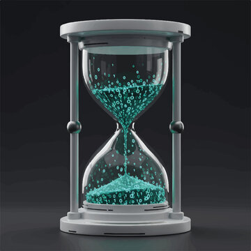 An hourglass filled with glowing binary code against a dark background