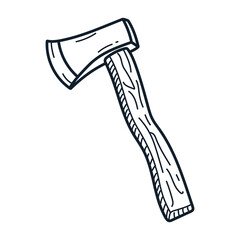 Illustration of Hand Drawn Wood Cutting Axe with Black Outline on White Background for Icon or Signage