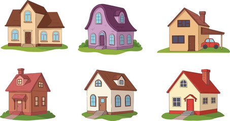 Cartoon houses collection illustration with colorful architecture, modern suburban homes, cute small cottages, residential property, family home design, real estate