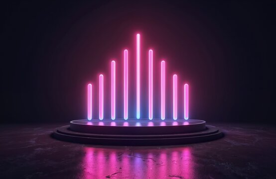 Colorful neon light bars illuminate dark stage pedestal. Digital sound equalizer lines glow with vibrant pink, purple, blue hues. Futuristic tech display represents music, audio, data waves, art.