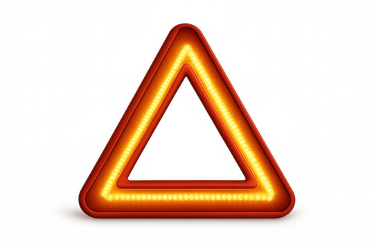 Red triangular warning sign with glowing led lights indicating hazard, caution, and emergency. Transparent background