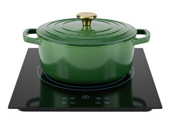 Green enameled cast iron dutch oven with lid isolated PNG, cookware for kitchen and cooking