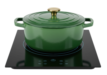 Green enameled cast iron dutch oven with lid isolated PNG, cookware for kitchen and cooking