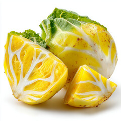 Close up of a yellow and white endive with two cut pieces on a white background in bright lighting