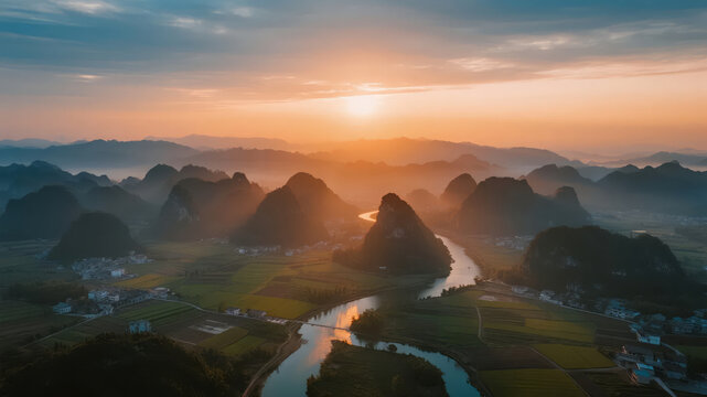 Guilin landscape sunrise travel scenery corporate vision PPT background