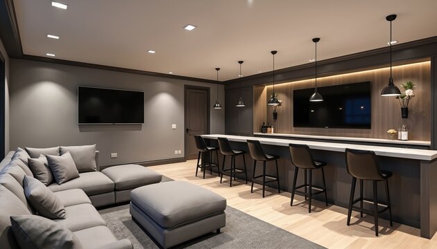 Stylish basement entertainment zone features grey sectional sofa, bar counter. Modern design incorporates recessed lighting, wooden flooring. Space offers comfortable relaxation, social gatherings in