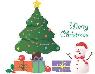 illustration of Christmas card with snowman and gift box. Merry Christmas card, holiday cover.