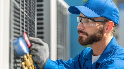 Professional HVAC technician blue uniform safety glasses inspecting outdoor air conditioner unit service repair work.