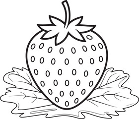 Strawberry on Leaf Line Drawing – Botanical Fruit Outline Vector