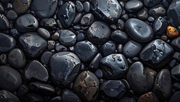 Polished dark stones forming a detailed, textured surface