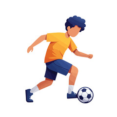 Obraz premium A vibrant vector illustration depicts an energetic young boy with curly hair skillfully dribbling a soccer ball during an outdoor game, showcasing youthful athleticism.