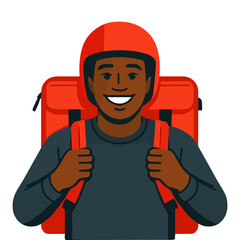 Happy African American Food Delivery Worker with Backpack and Helmet
