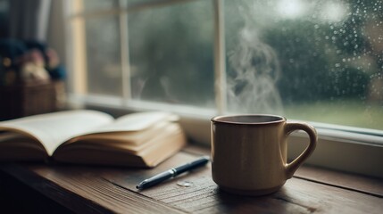 カフェの窓辺と雨の日のコーヒー