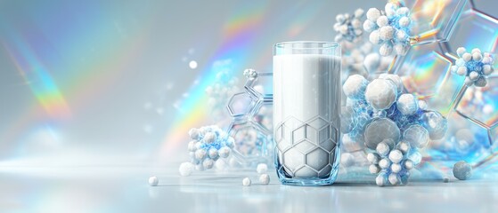 Collagen drink surrounded by abstract molecular structures and holographic reflections, scientific visualization style, clean background, modern supplement concept