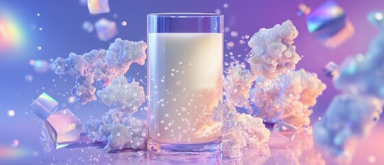 Collagen drink surrounded by abstract molecular structures and holographic reflections, scientific visualization style, clean background, modern supplement concept