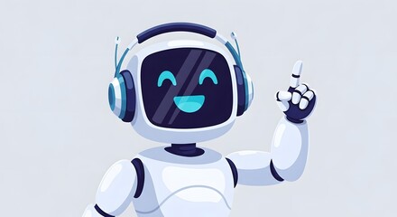 Cheerful robot character with a headset, smiling, and pointing upwards with a finger, representing artificial intelligence and technology for futuristic concepts