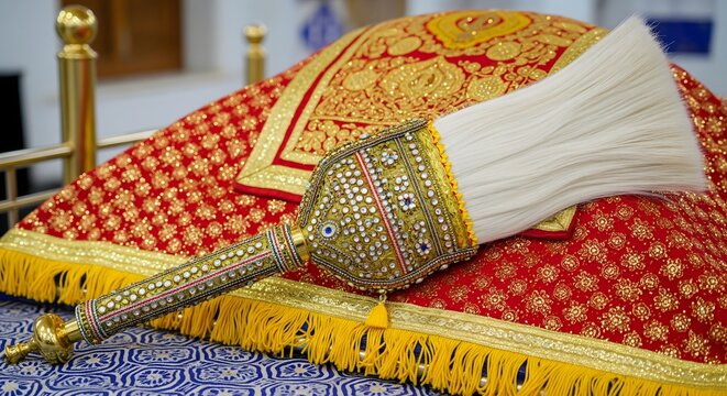 Decorated Chaur Sahib placed on Guru Granth Sahib with red embroidered cloth, sacred Sikh religious symbol of devotion and respect in Gurdwara during Guru Nanak Jayanti
